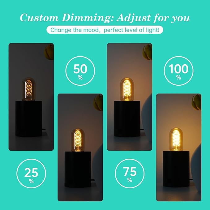 AMDTU Edison Bulbs 60 Watts Equivalent Dimmable, Spiral Ultra-Thin Filament E26 LED Bulbs 7W, 700 Lumen, Warm Yellow 2200K E26 Base Bulbs, T45 Amber Glass Tubular Light Bulbs for Lamps, 4 Pack