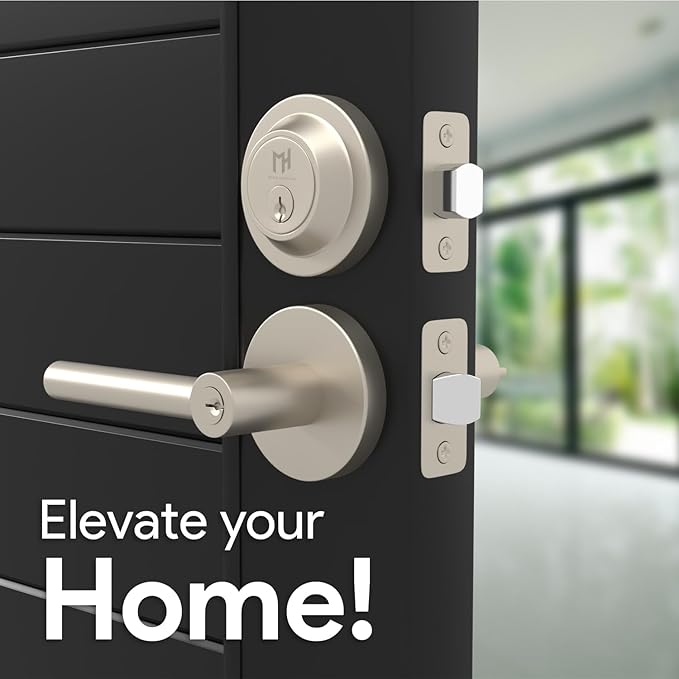 Mega Handles Ronn Entry Door Handle & Deadbolt Lock - 2 Pack Reversible Heavy Duty Brushed Nickel Door Handles & Deadbolt for Interior/Exterior Doors, Fits All Standard Doors - Satin Nickel