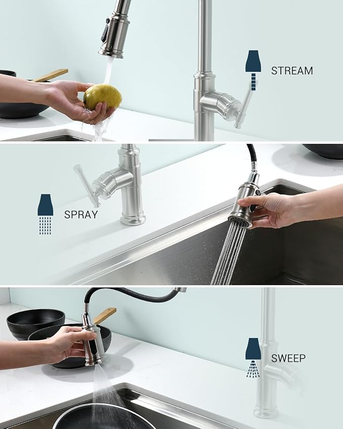 DAYONE Vintage Kitchen Faucet with Soap Dispenser, Single Handle High Arc Antique Pull Out Kitchen Sink Faucets with 3-Mode Pull Down Sprayer, APS136 (Standard, Brushed Nickel)