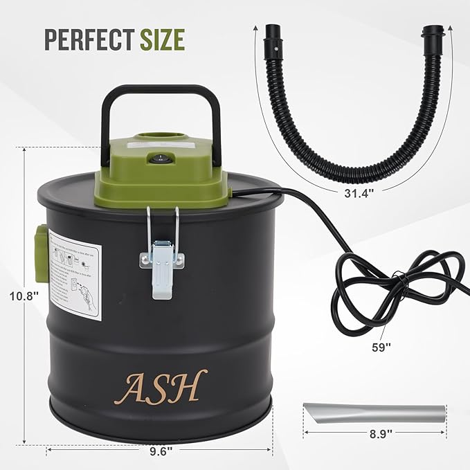 Ash Vacuum Cleaner -2.6 Gallon Fireplace Ash Vac with 800w Powerful Hose Non-Woven Dust Separator | Dry Stove Vacuum for Fireplaces Pellet Grill Wood Stove Fire Pits Green