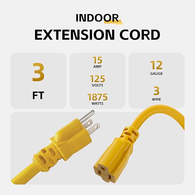 3 Ft Indoor Extension Cord - 12/3 SJTW Heavy Duty Yellow Extension Cable with 3 Prong Grounded Plug - Power Cord for Lawn, Garden, Appliances