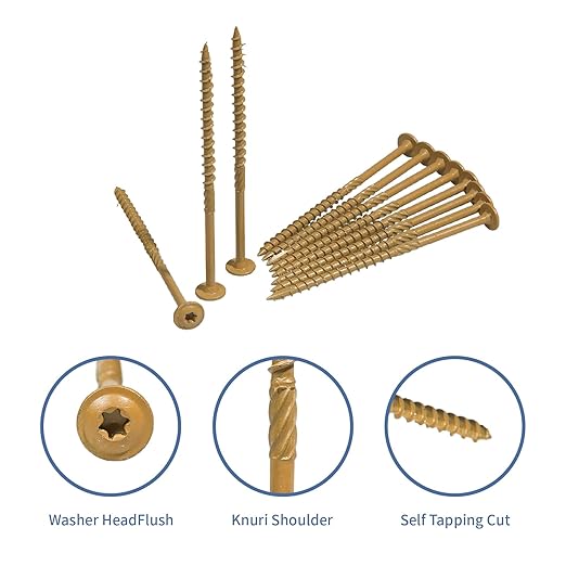 Lag Screws 5 Inch, 50PCS Heavy Duty Construction Screw, Structural Wood Screw #14 x 5, Rust Resistant, Washer Head, Yellow Coated Exterior Wood/Lag Screws, Star Drive with Bit