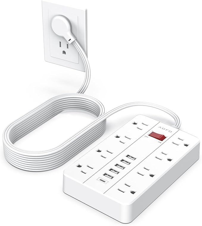 10ft Extension Cord Long Power Strip,AOFO 8 Widely-Spaced Outlets & 6 USB Ports Flat Plug Power Strip,Power Cord for Wall Mountable and Desktop White