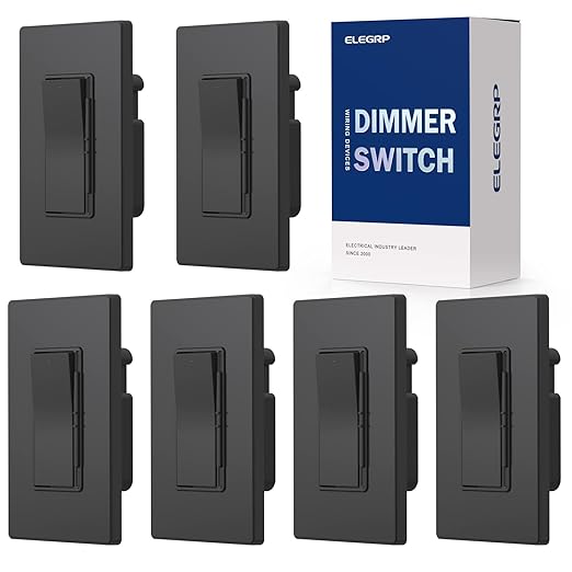 ELEGRP Digital Dimmer Light Switch for 300W Dimmable LED/CFL Lights and 600W Incandescent/Halogen, Single Pole/3-Way LED Slide Dimmer Light Switch, Wall Plate Included, UL Listed, 6 Pack, Matte Black