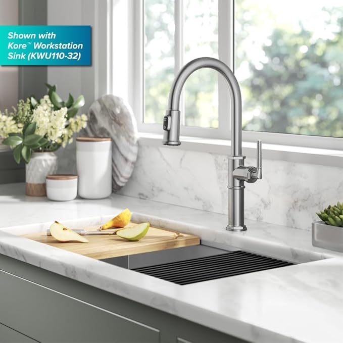 KRAUS® Allyn™ Traditional Industrial Pull-Down Single Handle Kitchen Faucet in Spot-Free Stainless Steel, KPF-4100SFS