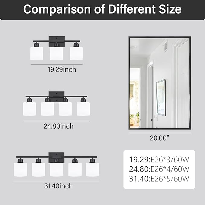 4-Light Black Bathroom Vanity Light, Light Fixtures with Milky White Frosted Glass Shades, Black Vanity Light for Bathroom Mirror, Bedroom, Living Room, Vanity Table, E26 Base