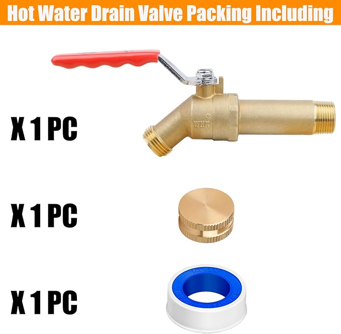 WHK Water Heater Drain Valve 3/4"MIP X 3/4" Male GHT Connection to drain or Flush Hot Water Heater Faster and Easy(Brass,3 Inch Shank with Long Handle)