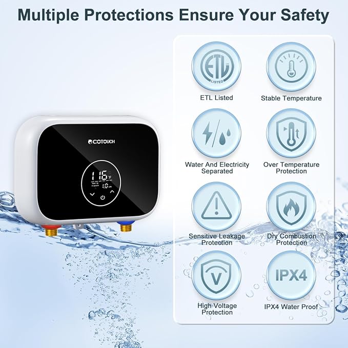 Electric Tankless Water Heater 240V, ECOTOUCH 6kW Point of Use Tankless Water Heater Instant Hot Water Heaters Electric with Self-modulation Technology ETL Certificated ECO60BE Black