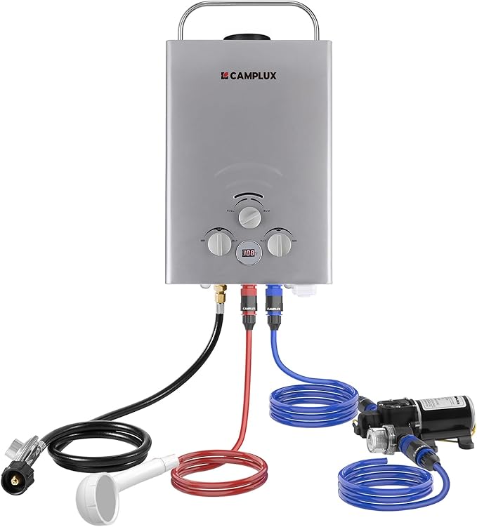 Tankless Water Heater, Camplux 1.58 GPM Propane Portable Water Heater With Pump Kit, Gray, BW158GP60