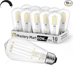 MASTERY MART 10 Pack Vintage Edison Bulbs, E26 Led Bulb 5.5W Equivalent to 60W, Dimmable, 4000K Cool White, High Brightness Antique ST19, Clear Glass