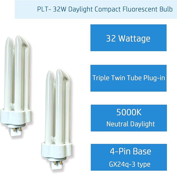 6pack PLT 32W Triple Tube Fluorescent Light Bulb, 5000K Bright White Daylight 4-Pin GX24-3 Type Base，High Transparency CRI 86