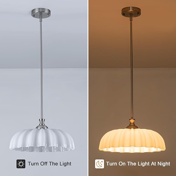 15.7" Vintage Flower Brushed Nickel Chandelier - Adjustable Height White Milk Glass Shades Pendant Light Fixture for Kitchen Island, Dining Room, Bedroom