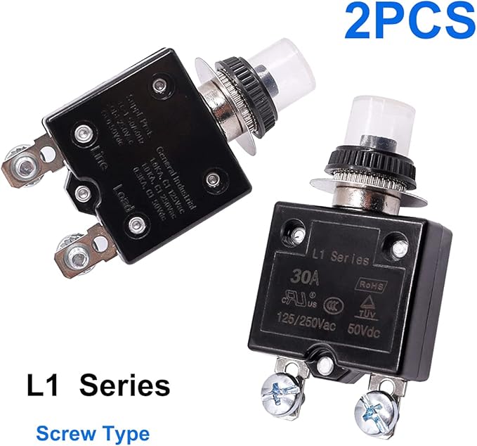 mxuteuk 2Pcs 30Amp Circuit Breakers Push Button Manual Reset 125/250V AC 50V DC, L1 Series Overload Protector Switch Thermal Circuit Breakers with Waterproof Button Caps L1-ls-30A