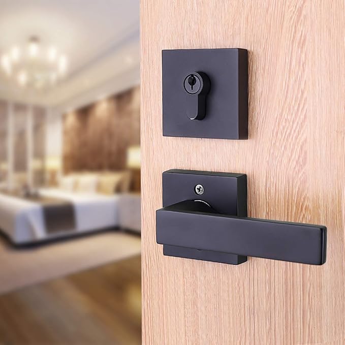 2 Pack Keyed Entry Door Lock with Deadbolt Set, Reversible Passage Lever and Keyed Alike Double Cylinder Deadbolt, Matte Black Square Handleset for Bedroom, Front Door