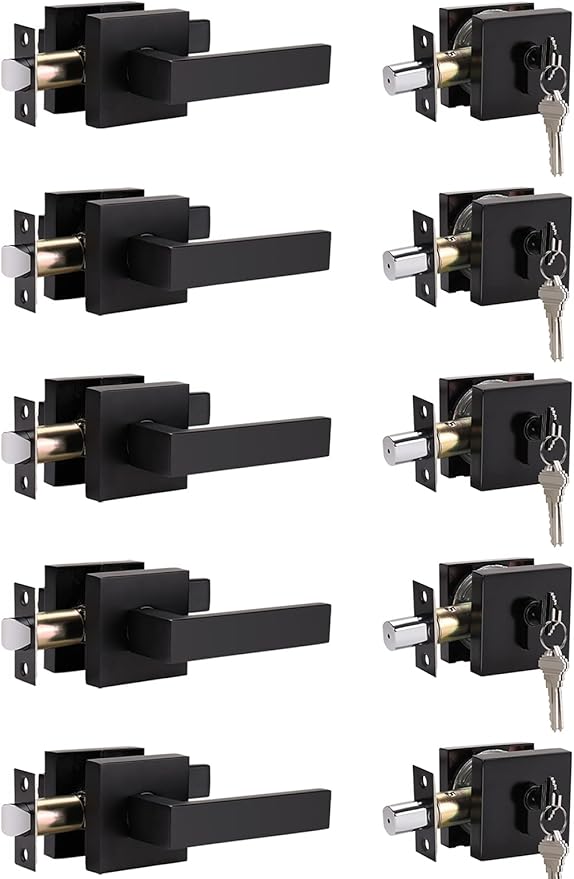 5 Pack Keyed Entry Door Lock with Deadbolt Set, Reversible Passage Lever and Keyed Alike Double Cylinder Deadbolt, Matte Black Square Handleset for Bedroom, Front Door
