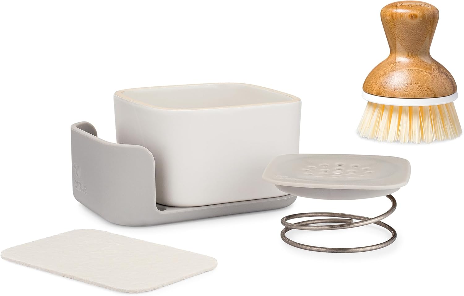 Full Circle Bubble Up Combo-Family Safe,Formaldehyde-Free-Gray Ceramic Soap Dish with Plant-Based Sponge & Bamboo Dish Brush-Versatile Kitchen Scrub Brush Set for Pots,Pans,Counter & Sink,White