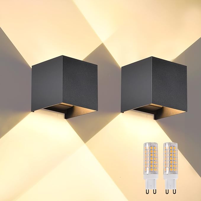 2 Pcs G9 Outdoor Wall Lights Exterior/Interior Wall Sconces Up and Down Lights IP65 Waterproof Modern Outdoor Lighting Square Aluminum Black 3000K Warm Lights Replaceable bulb, Adjustable Light Angle
