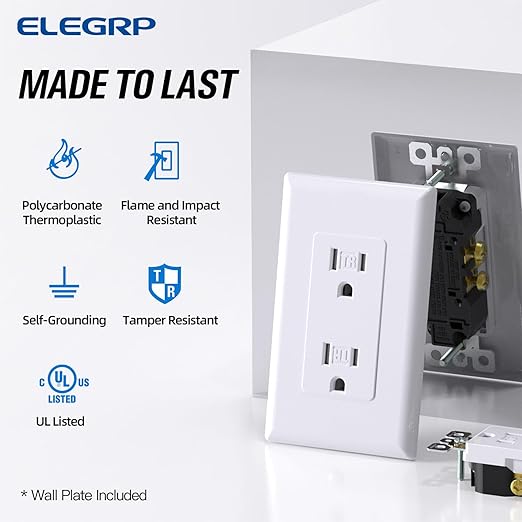 ELEGRP Decorator Wall Receptacle Outlet, Tamper Resistant 15A 125V Standard Electrical Wall Outlet, Residential Grade, Self-grounding, with Screwless Wall Plate, UL (50 Pack, Glossy White)