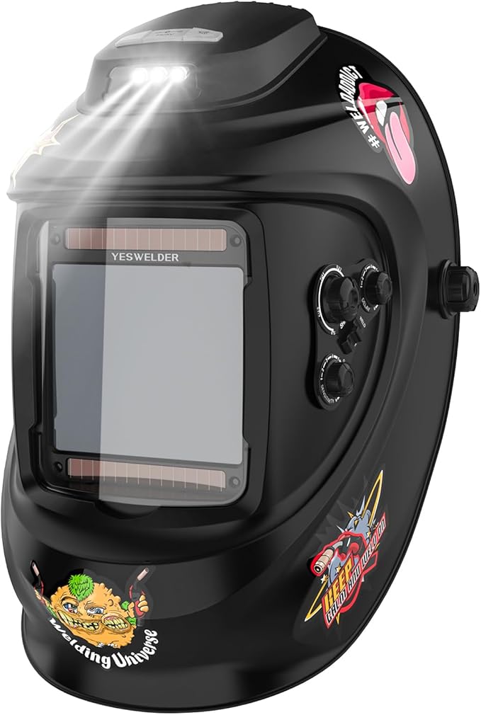 YESWELDER Auto Darkening Welding Helmet with Rechargeable Fan and Light, 3.93"X3.66"Large View 1/1/1/1 True Color 4 Arc Sensor Solar Powered Welding Hood, 3/5-9/9-13 Wide Shade Weld Mask LYG-30800H-W