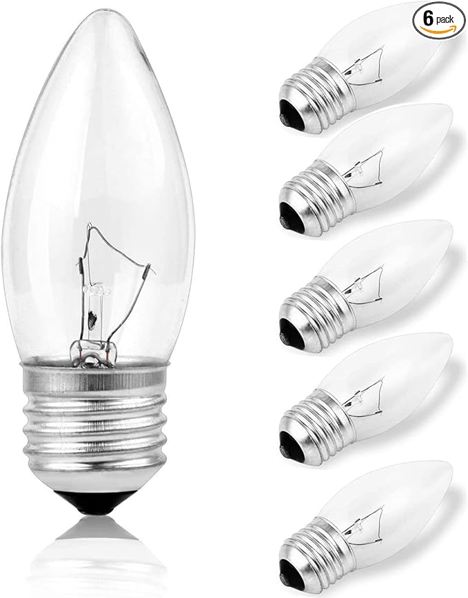 40W Incandescent Torpedo Tip Chandelier with Crystal Clear Incandescent Light Bulbs Tip Light Bulb and Medium E26 Candelabra Base (6 Pack) (6)