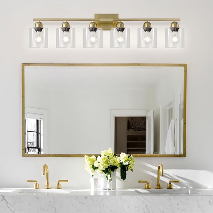 Modern Brushed Gold 6 Light Bathroom Light Fixtures,38 inch Vanity Lights for Bathroom with Clear Glass, Vanity Light for Mirror Kitchen Living Room Hallway Cabinet Porch
