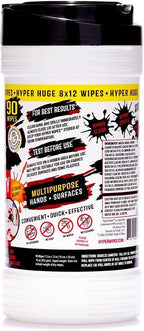 Hyper Wipes, 1 Pack Heavy Duty Hand & Tool Cleaning Wipes, 8"x12" Size Multi-Surface Cleaning Wipes, Degreasing, All Purpose Cleaner, Bathroom, Mechanic, Work Surface Wipes, 90 Count Canister