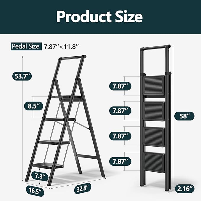 WOA WOA 4 Step Ladder, Foldable Ladder with Wide Pedals and Handle, Sturdy Ladders for Home and Kitchen with Anti-Slip Feet, Supports up to 330 lbs - Black