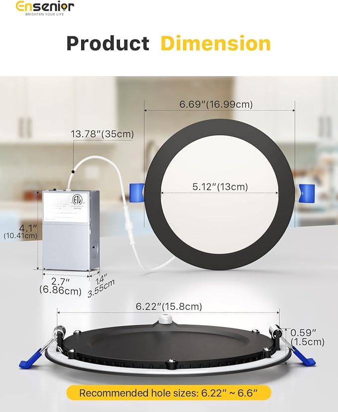 Ensenior 12 Pack 6 Inch LED Recessed Ceiling Light Black, Dimmable, 2700K-5000K 5CCT, 1200LM 12W 120V, High Brightness Canless Wafer Downlight - ETL&FCC&IC
