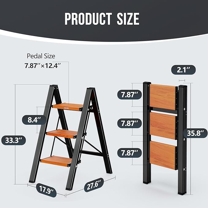 WOA WOA Step Ladder with Widened Pedals, Folding Step Stool with Anti-Slip Feet, Portable Home Ladder for Adults, Kitchen Small Stepladder 300 lbs Capacity (3 Step, Black & Wood Grain)