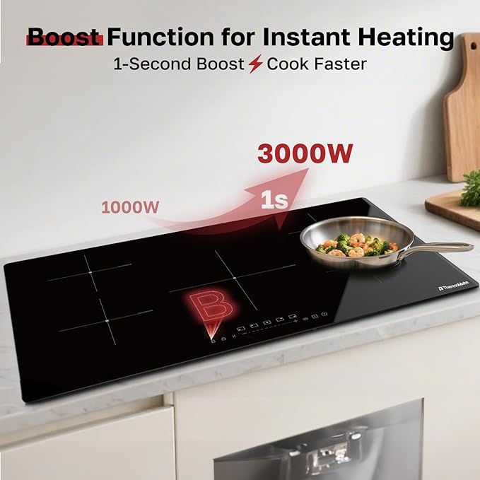 ThermoMate 36 Inch Induction Hob Electric Cooktop, 9800W Built in Induction Stove Top with 5 Boost Burners, 9 Heating Levels, Timer & Child Safety Lock, Sensor Touch Control, 240V