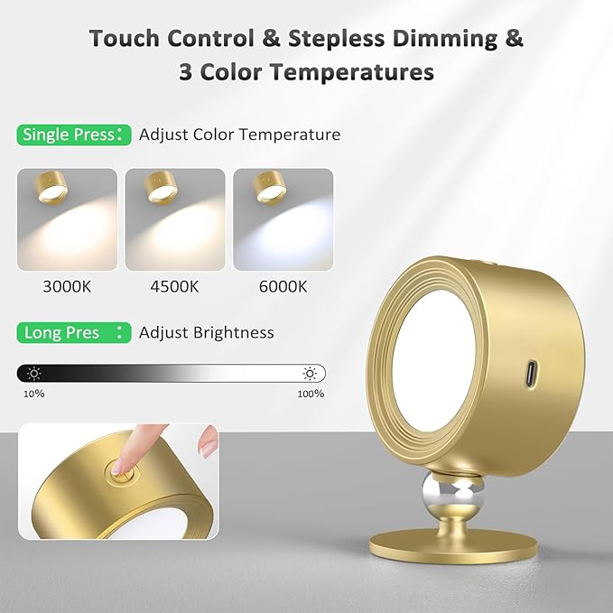 LED Wall Lights, Wall Lamp 3 Color Temperatures & Dimmable Magnetic 360° Rotation with Remote, Wall Sconces 2 Pcs with 3000mAh Rechargeable Battery, Cordless Wall Light for Reading Bedside Hallway