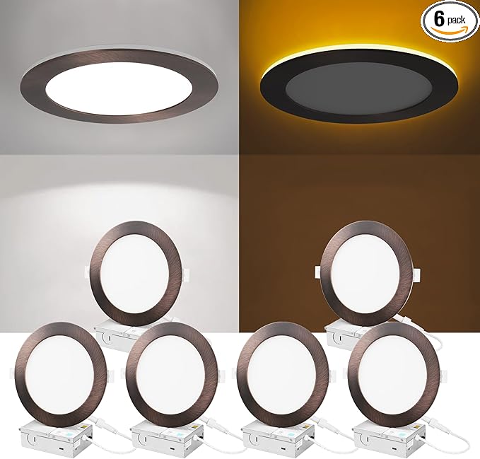 ZYC Recessed Lighting 6 Inch - 12W 1100LM LED Recessed Ceiling Light with Night Light,2700K/3000K/3500K/4000K/5000K Selectable Ultra-Thin Lighting,Dimmable Canless Wafer Downlight,Pack of 6（Bronze）.