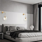 KCO Modern Glass Globe Wall Sconce Set of Two Minimalist Gold Wall Light Fixture with Adjustable Cord Brass Round Glass Wall Mounted Reading Lamp (Clear-2PC)