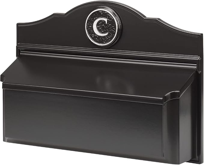 Whitehall Custom Wall Mount Mailbox Package - Mail Box with Monogram, Sand Cast Aluminum, Classic Design Black Personalized in Silver