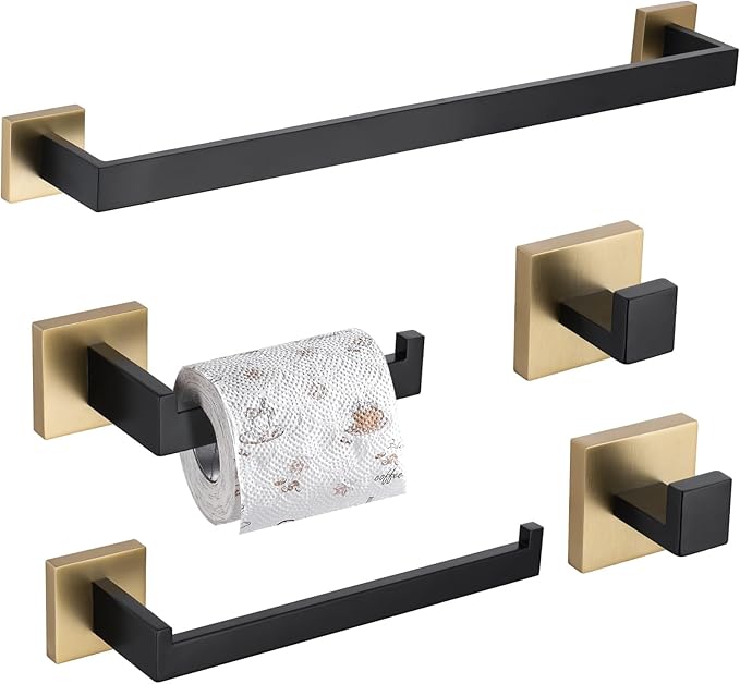 TURS 5-Piece Bathroom Hardware Set Black and Gold Towel Bar Sets Include 24 Inch Towel Bar Hand Towel Holder Toilet Paper Holder and 2 Towel Hooks,Stainless Steel Wall Mounted