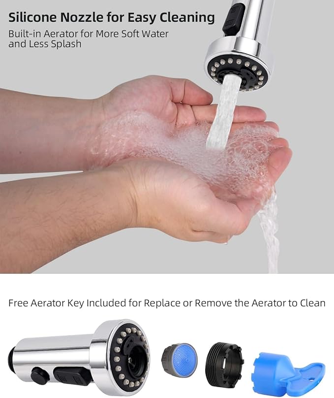 Hibbent Pull Down Kitchen Faucet Head Replacement, 3 Function Sink Faucet Sprayer Head Nozzle with 15 Adapters, Compatible with Moen, American Standard, Delta, Kohler Faucets, Chrome