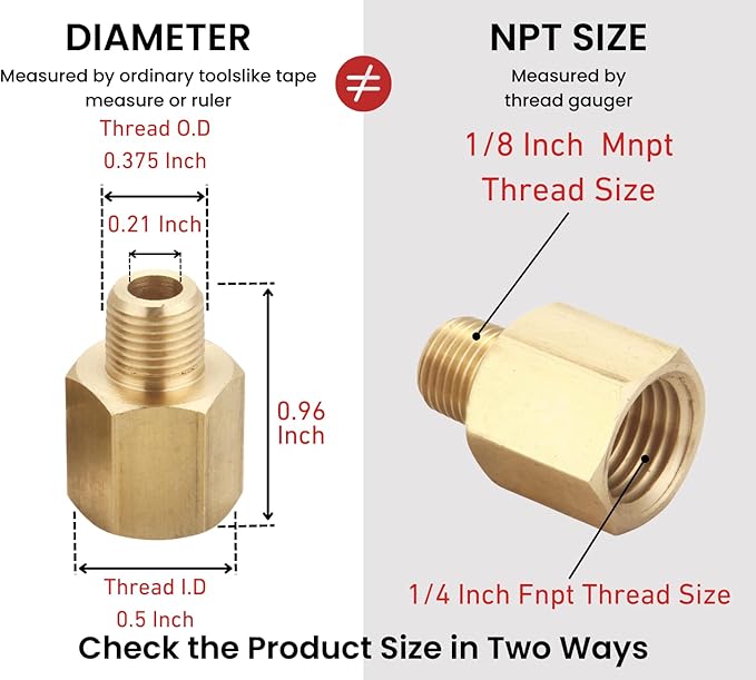 1/4 Inch Female to 1/8 Inch Male, Reducing Adaptor Brass Pipe Fitting, NPT Adaptor, Thread 0.375" OD × 0.5" ID, Pack of 2