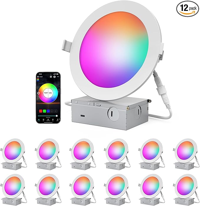 Smart Recessed Lighting, 6 Inch 12W 1080LM(100W/120W Bulbs Equivalent) RGBCW Canless Recessed Lights Wireless Control Color Changing LED Soffit Lights with Junction Box, 12Pack