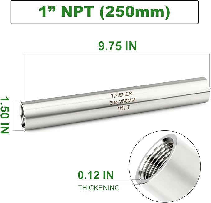 TAISHER 2PCS Stainless Steel Pipe Fittings, 1" NPT Female x 1" NPT Female Threaded, 10" Length Thickened Nipple Cast Pipe