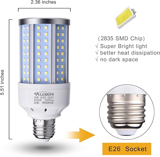30W (200W Equivalent), Daylight, E26 Standard Base, LED Corn Light Bulb | 2-Pack
