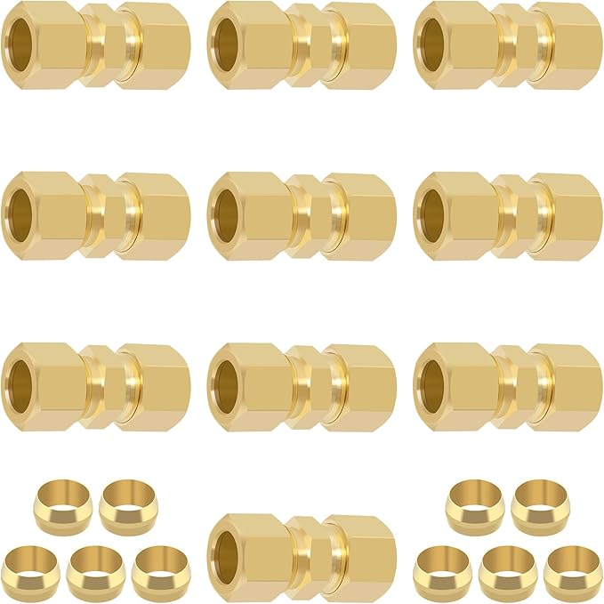 1/2 Inch Compression Fitting,10 Pcs Brass Compression Tube Pipe Fittings, 1/2" OD X 1/2" OD Compression Union Connectors & 10 Pcs Sleeves Ferrules (Pack of 20)