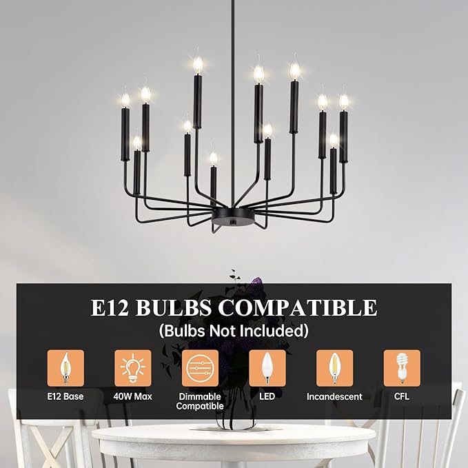 Qamra Modern Farmhouse Black Chandelier for Dining Room, 12-Light Candle Chandelier Light Fixture, Rustic Industrial Hanging Chandeliers Lighting for Living Room, Kitchen, Staircase, Entryway, Foyer