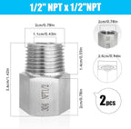 2 pieces Npt1/2 Female to Npt1/2 Male Reducer,1/2NPT Fittings Water pipe Adapter, Fabricate of 304 Stainless Steel