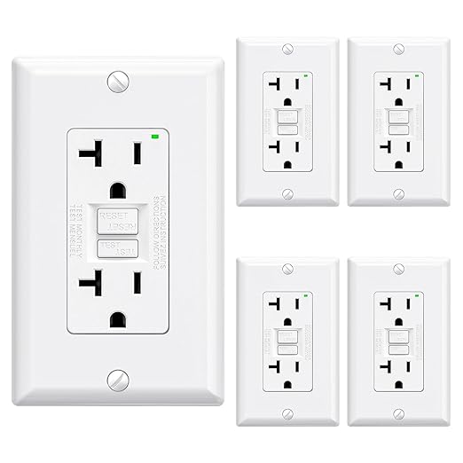 ELEGRP GFCI Outlet 20 Amp, Self-Test GFI Electrical Outlet with Narrow Design, GFCI Receptacle with LED Indicator, UL Listed, White, Wall Plate Included, 5 Pack