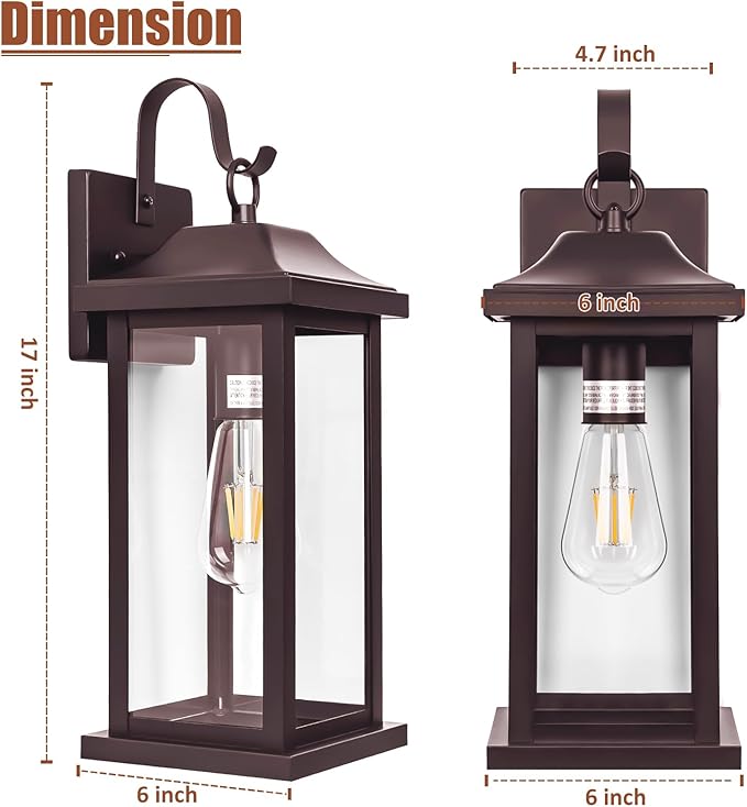 Large Bronze Outdoor Wall Light 17 Inch, Vintage Exterior Light Fixture with IP65 Waterproof Clear Glass, Farmhouse Outside Wall Sconce Porch Light for Front Door Backyard, Oil Rubbed