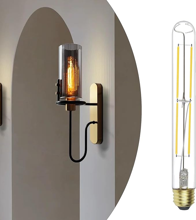 E26 Dimmable Led Tubular Light Bulbs, 60 Watt Equivalent,8.9 inch T10 Long Edison Bulbs, 6W 2700K Warm White 600LM Dimmable Warm Light, Vintage Clear Tube Edison Bulbs for Desk Lamps,Wall Sconces