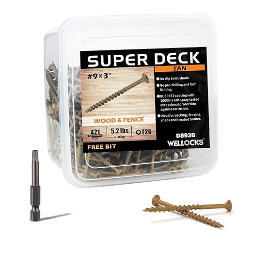 WELLOCKS Deck Screws, Wood Screws, Tan, Superior Rust Resistant, Epoxy Coated, Above 1000 Hour Salt Spray Coating T25 Torx Star Bit Included for Outdoor Wood Fence (5.2LBS Tan, #9×3")