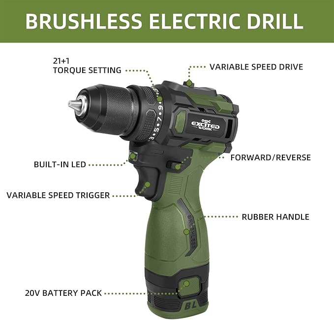 17V Brushless Screwdriver Drill Set, 140Nm Cordless Impact Driver & 55Nm Electric Drill with 3 Adjustable Speed, 2 Batteries and Led Work Light