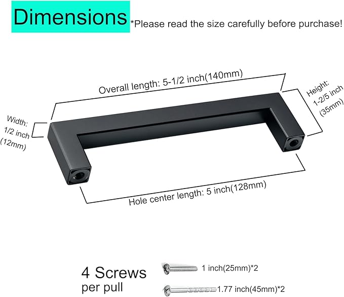 20 Pack 5" Black Cabinet Handles Matte Black Dresser Handles Drawer Pulls Square Cabinet Pulls for Kitchen Modern Stainless Steel Handles for Cabinets and Drawers