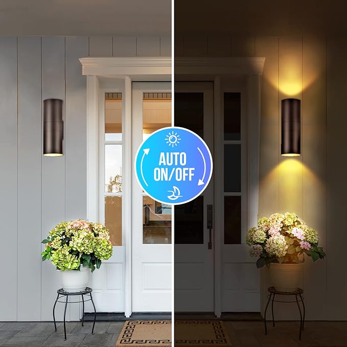 wowlite Modern Outdoor Wall Light with Dusk to Dawn Sensor 2 Pack, LED Cylinder Up Down Wall Light Outdoor 2700K Warmlight Bronze Exterior Light Fixture, IP65 Waterproof Wall Sconce for Porch Garage